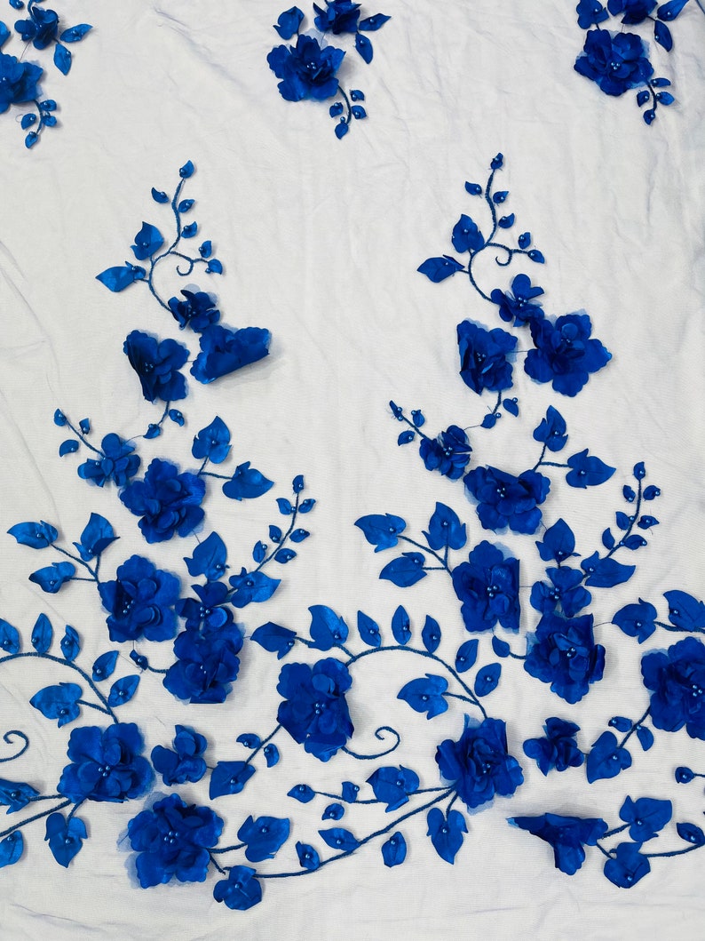 Royal Blue Orquidia 3D Floral Embroidered Mesh Lace Fabric With Pearls ...