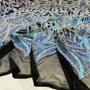 Aqua Blue Iridescent Royalty Sequin Design on a Black 4 Way Stretch ...