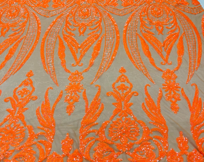 Neon orange iridescent sequin damask design on a nude 4 way stretch mesh-48”-50”-prom-nightgown-sold by the yard.