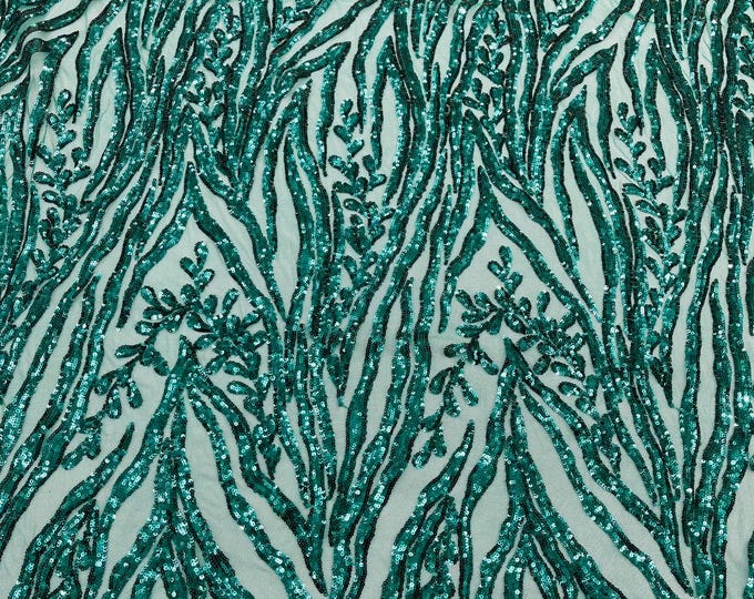 Emerald Green - Vine/Root Sequin 4 Way Stretch Mesh Fabric, by The Yard.