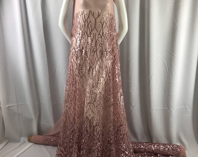 Dazzling Dusty Rose fashion tree Embroider with Sequins on a mesh lace-prom-nightgown-decorations-dresses-apparel-fashion-sold by the yard