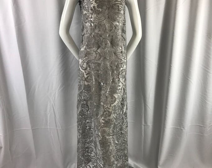 Fascinating gray light weight guipure design-prom-nightgown-decorations-apparel-dresses-fashion-sold by the yard.