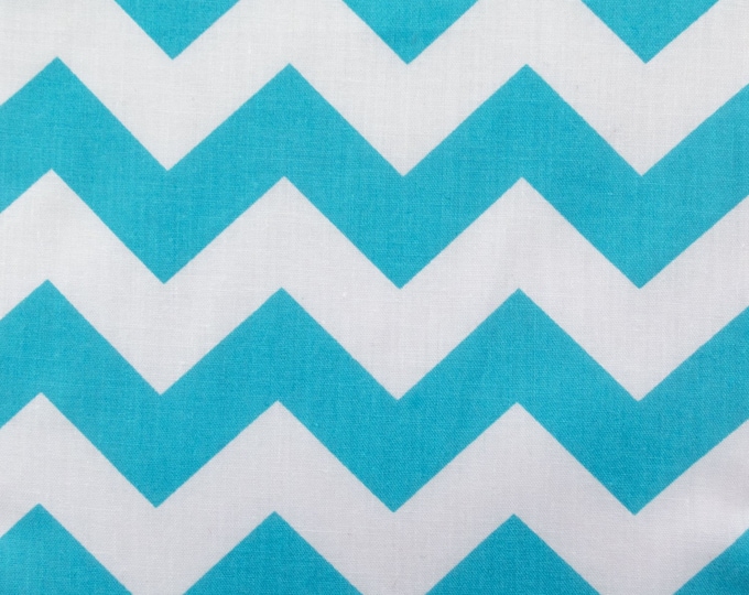 Turquoise On White 58-60" Wide 1 inch Chevron Zig Zag Poly Cotton Fabric - Sold By The Yard