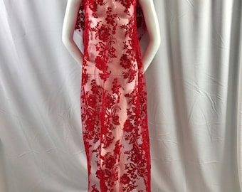 Red floral design embroider and corded on a mesh lace fabric-fashion-decorations-nightgown-prom-sold by the yard.