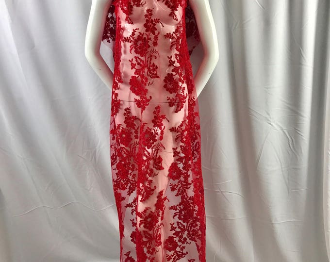 Red floral design embroider and corded on a mesh lace fabric-fashion-decorations-nightgown-prom-sold by the yard.