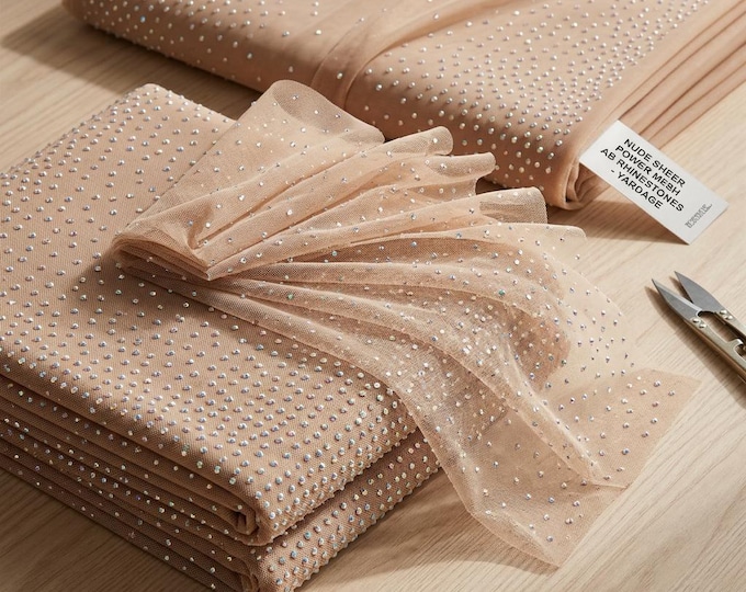 Nude Sheer All Over AB Rhinestones On Stretch Power Mesh Fabric, Sold by The Yard.