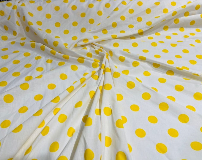 Yellow dot On White 58" Wide Premium 1 inch Polka Dot Poly Cotton Fabric Sold By The Yard.