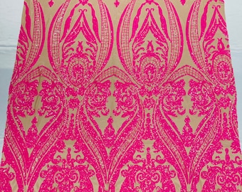 Hot pink iridescent sequin damask design on a nude 4 way stretch mesh-48”-50”-prom-nightgown-sold by the yard.