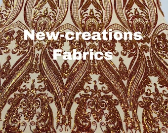 Iridescent Burnt orange empire design with sequins embroider on a Nude 4 way stretch mesh fabric-prom-nightgown-dresses-sold by the yard