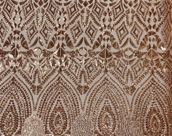 Nude color geometric diamond design embroidery with sequins on a 4 way stretch mesh-dresses-prom-nightgown-sold by the yard.