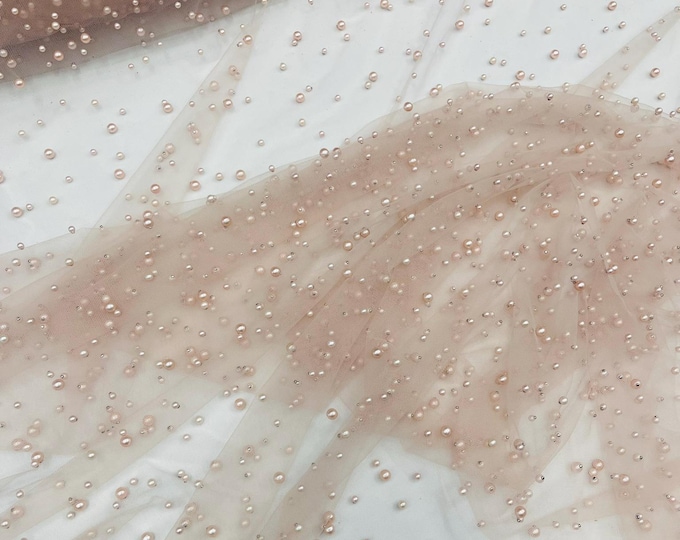 Beige Heavy Scattered Pearls Studded Mesh, 2-Way Stretch, sold by the yard.
