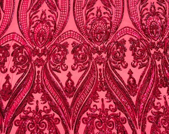 Fuchsia empire damask design with sequins embroider on a 4 way stretch mesh fabric-sold by the yard.