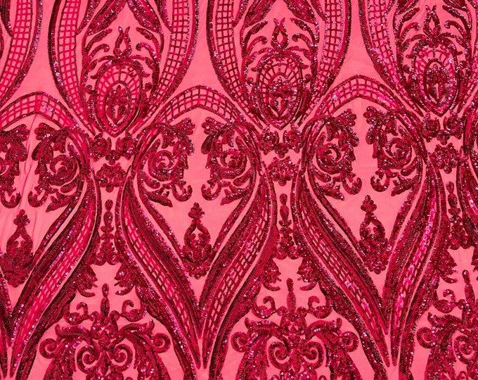 Fuchsia empire damask design with sequins embroider on a 4 way stretch mesh fabric-sold by the yard.