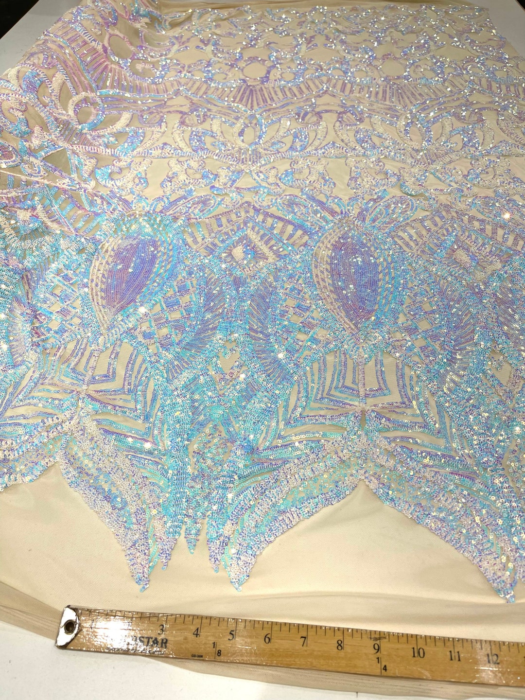 Iridescent Royalty Design On A 4 Way Stretch Mesh/Prom Fabric (1 Yard, Aqua Clear on Nude Mesh)