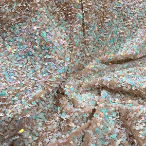 Aqua Iridescent/White Sequins All Over On A Blush Stretch Velvet/ Costume Fabric/Apparel/ Sequin Velvet