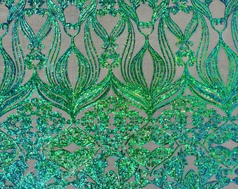 New Green iridescent shiny sequin damask design on a Black 4 way stretch mesh-sold by the yard.