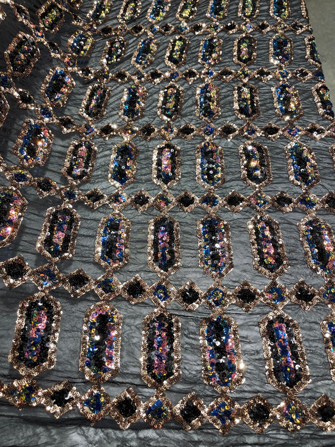 Fringe Sequins Design On A Black 4 Way Stretch Mesh Prom Fabric (1 Yard, Aqua Iridescent on Black Mesh)