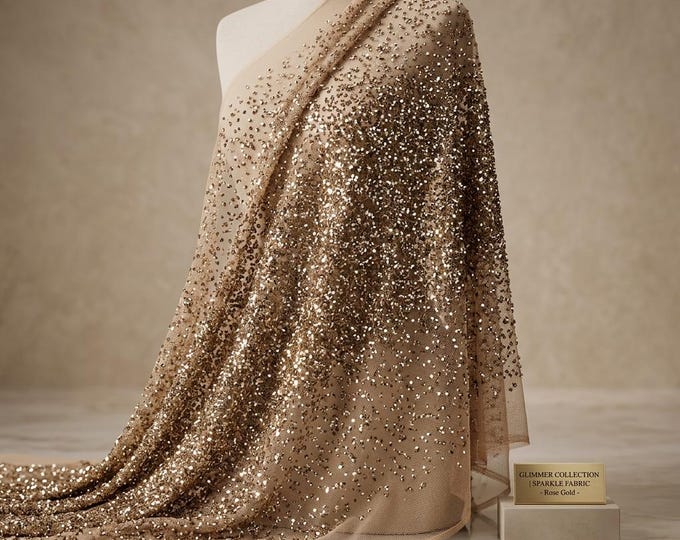Rose Gold Rhinestone Mesh Fabric by the Yard Sheer Stretch Glitter Crystal Fabric for Dress Wedding Costume DIY