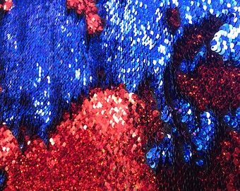 Iridescent sequins fabric-shiny reversible mermaid fish scales sequins-red-royal blue-decorations-clothing-pillows-sold by the yard.NEW-
