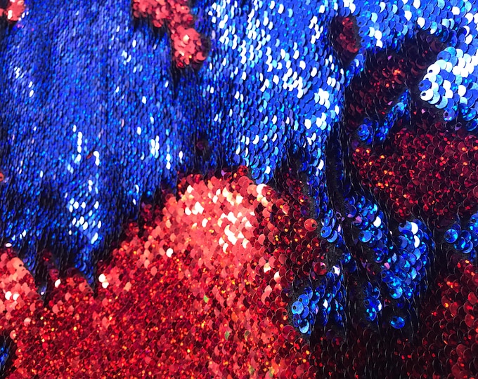 Iridescent sequins fabric-shiny reversible mermaid fish scales sequins-red-royal blue-decorations-clothing-pillows-sold by the yard.NEW-