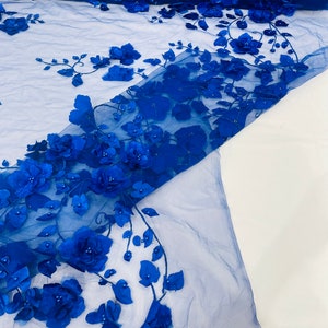 Royal Blue Orquidia 3d floral design embroider with pearls in a mesh lace fabric-dresses-fashion-decorations-prom-sold by the yard.