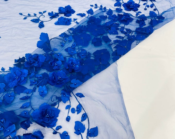 Royal Blue Orquidia 3d floral design embroider with pearls in a mesh lace fabric-dresses-fashion-decorations-prom-sold by the yard.