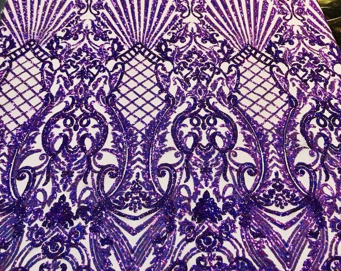 Purple iridescent damask sequin design on a 4 way stretch nude mesh-dresses-prom-nightgown-sold by the yard-free shipping in the USA-