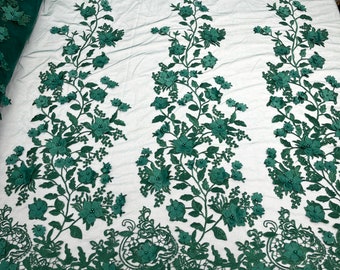 Hunter Green Emily 3d floral design embroider with pearls in a mesh lace-sold by the yard.
