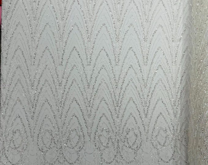White - Luxury Chain Geometric Beaded Lace, By The Yard.