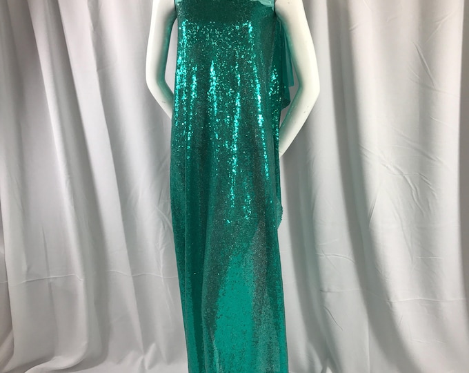 Teal green mermaid fish scales-mini sequins embroider on a 2 way stretch mesh fabric-prom-nightgown-decorations-dresses-sold by the yard-