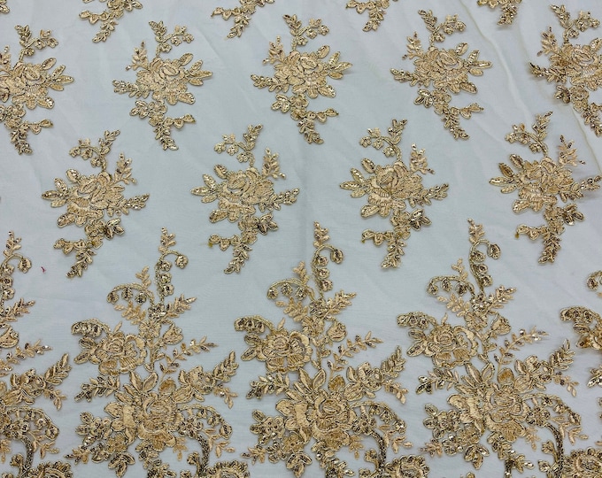 Champagne metallic flower lace corded and embroider with sequins on a mesh-Sold by the yard.