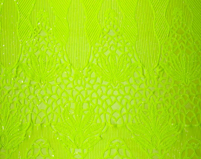 Neon Green glossy floral damask sequin design on a 4 way stretch mesh-prom-sold by the yard.