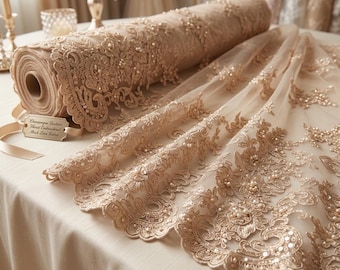 Champagne Beaded Floral Mesh Lace Fabric By The Yard, Embroidered Sequin Bridal Lace For Wedding Dresses, Prom Gowns & Couture Fashion