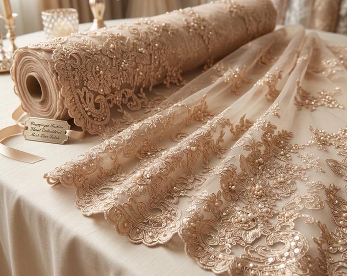 Champagne Beaded Floral Mesh Lace Fabric By The Yard, Embroidered Sequin Bridal Lace For Wedding Dresses, Prom Gowns & Couture Fashion
