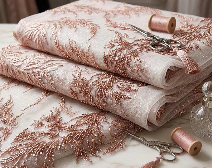 Blush Pink Beaded Glitter Mesh Lace Fabric By The Yard, Embroidered Bridal Lace For Prom Dresses, Wedding Gowns & Couture Fashion