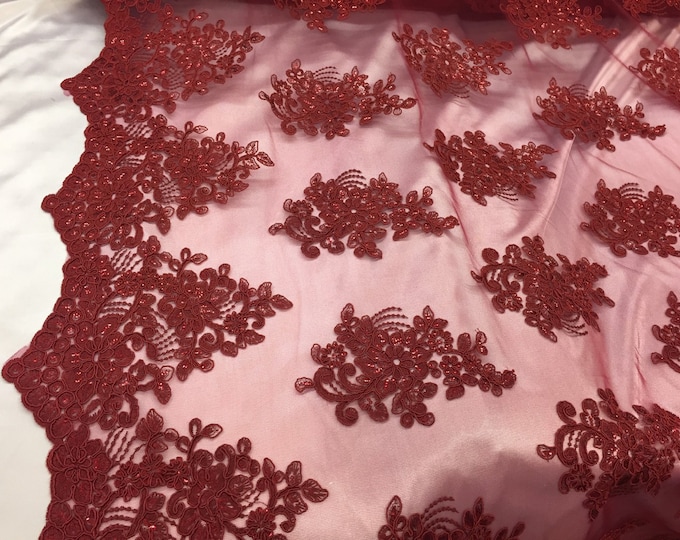 Burgundy flower lace corded and embroider with sequins on a mesh. Wedding/bridal/prom/nightgown fabric-apparel-fashion-Sold by the yard.