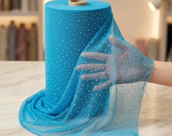 Turquoise Rhinestone Mesh Fabric 60” Wide | Sheer Stretch AB Crystal Glitter Mesh by Yard | Dance Costume Wedding Decor Sparkle Fabric