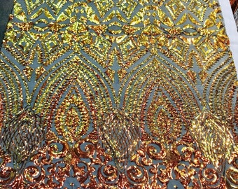 Orange iridescent sequin diamond design on a 4 way stretch nude black mesh-prom-nightgown-Sold by the yard.