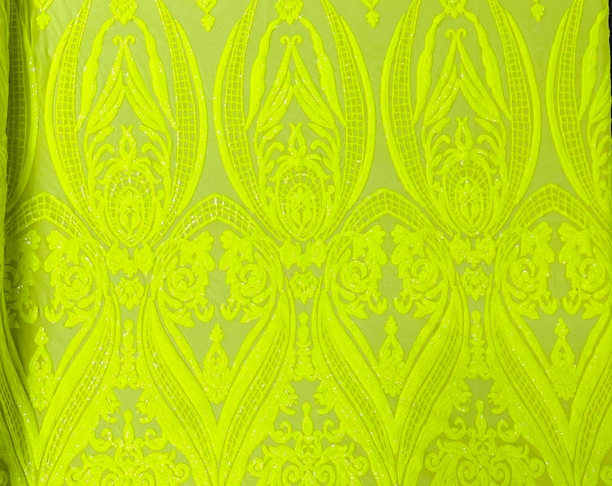 Neon Yellow iridescent empire damask design with sequins embroider on a 4 way stretch mesh fabric-sold by the yard.