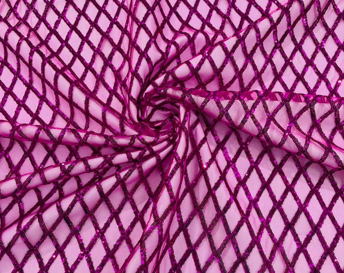 Luxury Diamond Design Mini Glitz Sequins On A Mesh Fabric/Prom/Wedding/Party Supply. Fuchsia