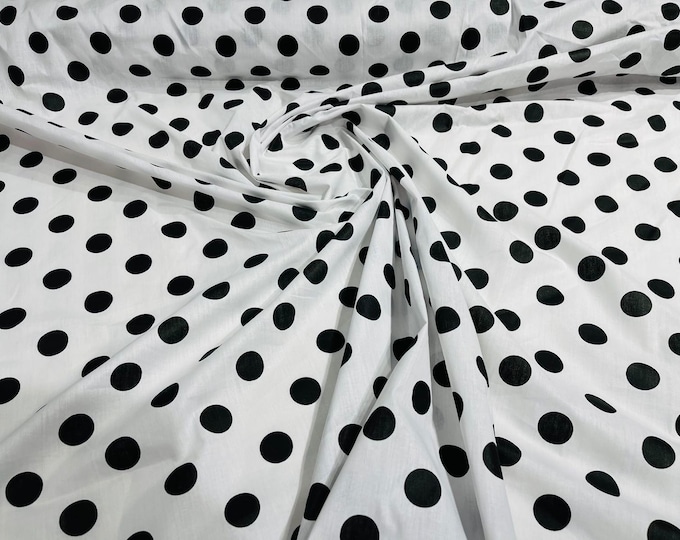 Black dot On White 58" Wide Premium 1 inch Polka Dot Poly Cotton Fabric Sold By The Yard.