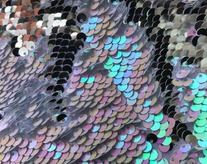 Pink shell iridescent-silver shiny mermaid sequins embroider on a 2 way Stretch spandex-apparel-fashion-decorations-nightgown-sold by yard.