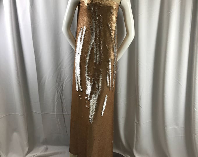 Matt gold/ matt silver hologram mermaid fish scales- 2 way stretch lycra- 2 tone flip flop sequins-apparel-decorations-dresses-sold by yard.