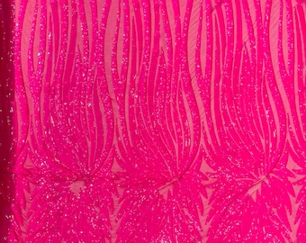 Hot Pink Holographic sequin Wings design on a 4 way stretch mesh fabric- prom-nightgown-by the yard-free shipping in the USA.