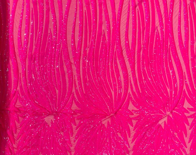 Hot Pink Holographic sequin Wings design on a 4 way stretch mesh fabric- prom-nightgown-by the yard-free shipping in the USA.