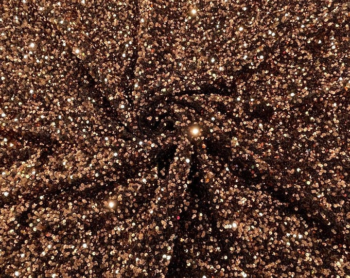Brown stretch velvet with luxury sequins all over 5mm shining sequins 2-way stretch, sold by the yard.