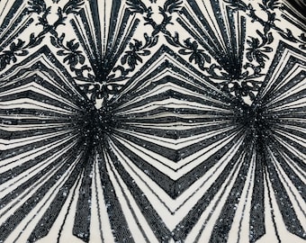 Black diamond damask design on a nude 4 way stretch mesh-prom-sold by the yard.