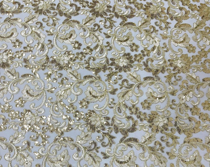 Champagne/Gold metallic corded embroider flowers with sequins on a mesh lace fabric-prom-sold by the yard.