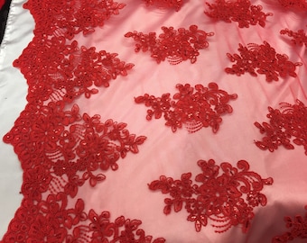 Red flower lace corded and embroider with sequins on a mesh. Wedding/bridal/prom/nightgown fabric-dresses-apparel-Sold by the yard.