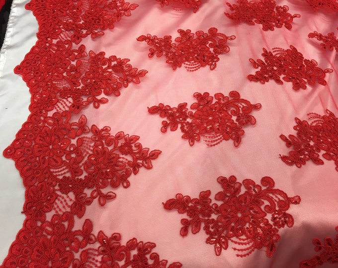 Red flower lace corded and embroider with sequins on a mesh. Wedding/bridal/prom/nightgown fabric-dresses-apparel-Sold by the yard.